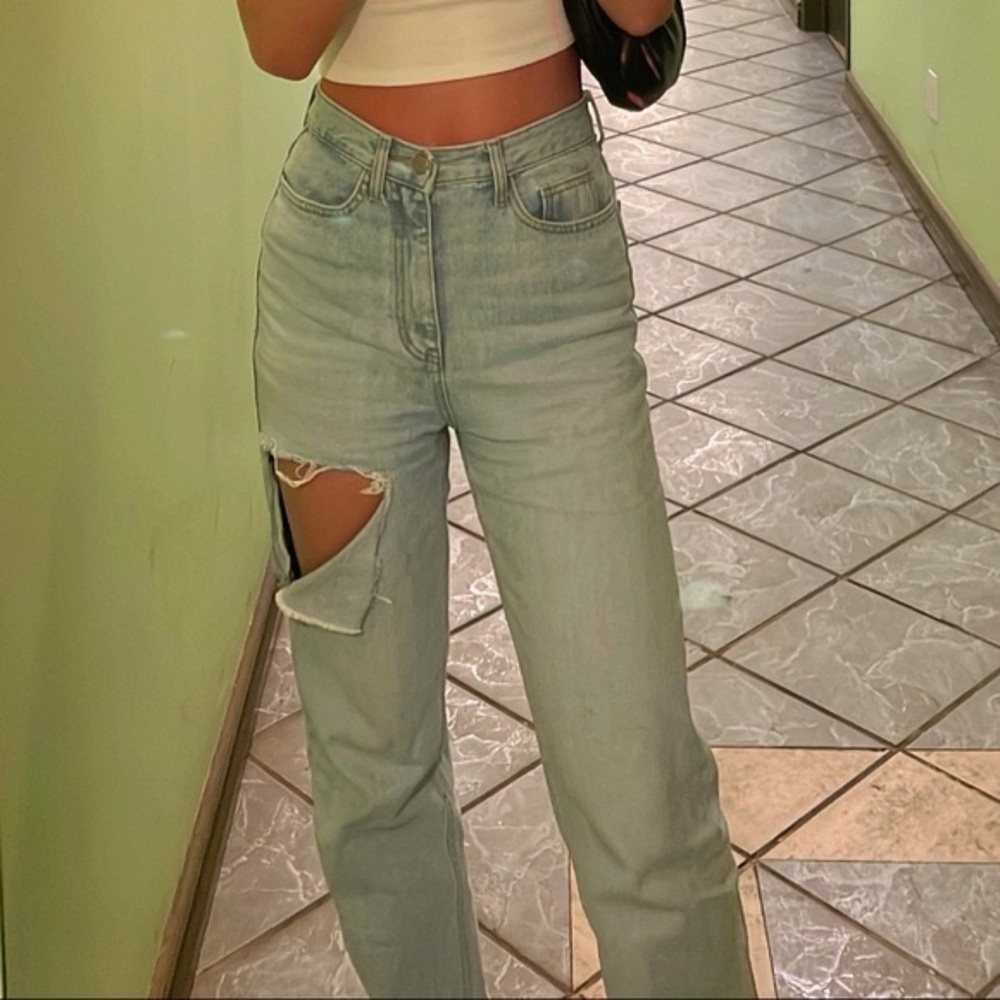 OAK + FORT Light Blue Straight Leg Jeans with Distressed Thigh - Picture 2 of 12